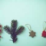 red mistletoe, green pine spruce, and two ornaments